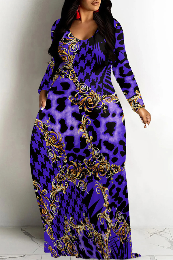 Purple Colorblock Plaid Ombre Print V Neck Long Sleeve Pocket Casual Outing Vacation Straight Loose Maxi Dress