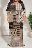 White Brown Geometric Print O Neck 3/4 Sleeve Lace Up Casual Outing Plus Size Straight Loose Maxi Dress