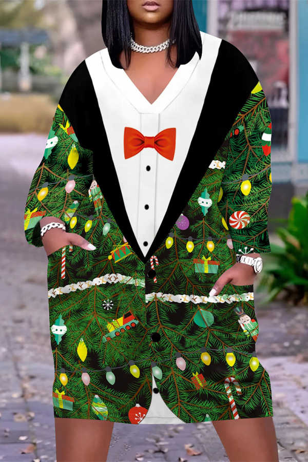 Green Christmas Tree Print Santa Claus V Neck Long Sleeve Striaght Loose Midi Dress