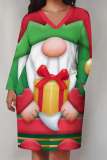 Green Christmas Tree Print Santa Claus V Neck Long Sleeve Striaght Loose Midi Dress