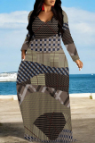 Purple Colorblock Plaid Ombre Print V Neck Long Sleeve Pocket Casual Outing Vacation Straight Loose Maxi Dress