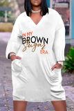 Black Letters Print V Neck Long Sleeve Pocket Casual Outing Loose T Shirt Midi Dress