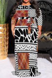 White Brown Geometric Print O Neck 3/4 Sleeve Lace Up Casual Outing Plus Size Straight Loose Maxi Dress