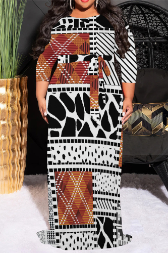 White Brown Geometric Print O Neck 3/4 Sleeve Lace Up Casual Outing Plus Size Straight Loose Maxi Dress