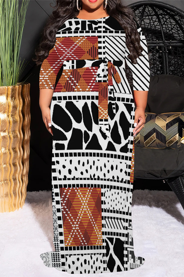 White Brown Geometric Print O Neck 3/4 Sleeve Lace Up Casual Outing Plus Size Straight Loose Maxi Dress