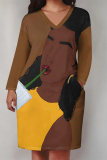 Rose Red Letters Figure Print V Neck Long Sleeve Pocket Casual Outing T Shirt Midi Dress
