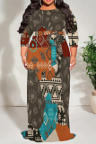 White Brown Geometric Print O Neck 3/4 Sleeve Lace Up Casual Outing Plus Size Straight Loose Maxi Dress