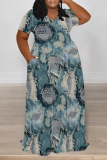 Light Blue Faux Denim Print V Neck Short Sleeve Pocket Casual Outing Plus Size Straight Loose Maxi Dress