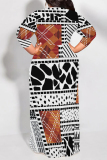 White Brown Geometric Print O Neck 3/4 Sleeve Lace Up Casual Outing Plus Size Straight Loose Maxi Dress