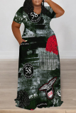 Light Blue Faux Denim Print V Neck Short Sleeve Pocket Casual Outing Plus Size Straight Loose Maxi Dress