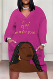 Rose Red Letters Figure Print V Neck Long Sleeve Pocket Casual Outing T Shirt Midi Dress