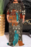 White Brown Geometric Print O Neck 3/4 Sleeve Lace Up Casual Outing Plus Size Straight Loose Maxi Dress