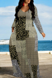 Purple Colorblock Plaid Ombre Print V Neck Long Sleeve Pocket Casual Outing Vacation Straight Loose Maxi Dress