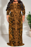 White Brown Geometric Print O Neck 3/4 Sleeve Lace Up Casual Outing Plus Size Straight Loose Maxi Dress