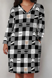 Red Blue Plaid Print V Neck Long Sleeve Pocket Casual Outing Plus Size Straight Loose Midi Dress