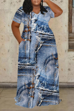 Light Blue Faux Denim Print V Neck Short Sleeve Pocket Casual Outing Plus Size Straight Loose Maxi Dress