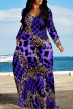 Purple Colorblock Plaid Ombre Print V Neck Long Sleeve Pocket Casual Outing Vacation Straight Loose Maxi Dress