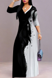 Black White Gradient Striped Print V Neck 3/4 Sleeve Lace Up Casual Outing Vacation Straight Flowy Max Dress