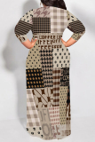 White Brown Geometric Print O Neck 3/4 Sleeve Lace Up Casual Outing Plus Size Straight Loose Maxi Dress