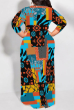 White Brown Geometric Print O Neck 3/4 Sleeve Lace Up Casual Outing Plus Size Straight Loose Maxi Dress