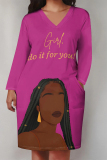 Rose Red Letters Figure Print V Neck Long Sleeve Pocket Casual Outing T Shirt Midi Dress