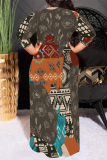 White Brown Geometric Print O Neck 3/4 Sleeve Lace Up Casual Outing Plus Size Straight Loose Maxi Dress