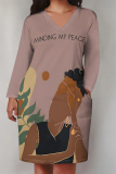 Rose Red Letters Figure Print V Neck Long Sleeve Pocket Casual Outing T Shirt Midi Dress