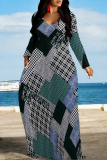 Purple Colorblock Plaid Ombre Print V Neck Long Sleeve Pocket Casual Outing Vacation Straight Loose Maxi Dress