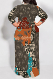 White Brown Geometric Print O Neck 3/4 Sleeve Lace Up Casual Outing Plus Size Straight Loose Maxi Dress