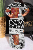 White Brown Geometric Print O Neck 3/4 Sleeve Lace Up Casual Outing Plus Size Straight Loose Maxi Dress