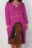 Rose Red Letters Figure Print V Neck Long Sleeve Pocket Casual Outing T Shirt Midi Dress