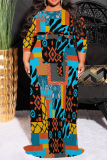White Brown Geometric Print O Neck 3/4 Sleeve Lace Up Casual Outing Plus Size Straight Loose Maxi Dress