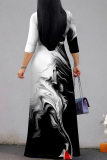 Black White Gradient Striped Print V Neck 3/4 Sleeve Lace Up Casual Outing Vacation Straight Flowy Max Dress