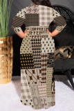White Brown Geometric Print O Neck 3/4 Sleeve Lace Up Casual Outing Plus Size Straight Loose Maxi Dress