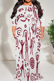 White Casual Playful Heart Print Strap Design O Neck Long Loose Fit Flowy Plus Size Summer Dress For Vacation Beach