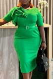 Green 3D Flower Short Sleeve Knee-Length Ruffle Detail For Business Formal Wear Bodycon Midi Dress