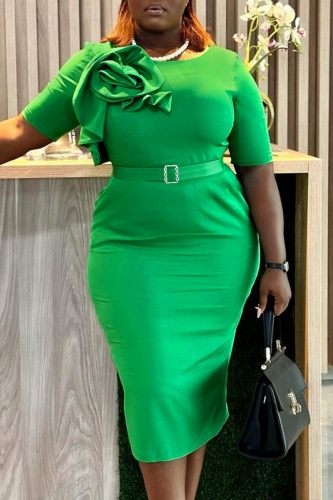Green 3D Flower Short Sleeve Knee-Length Ruffle Detail For Business Formal Wear Bodycon Midi Dress