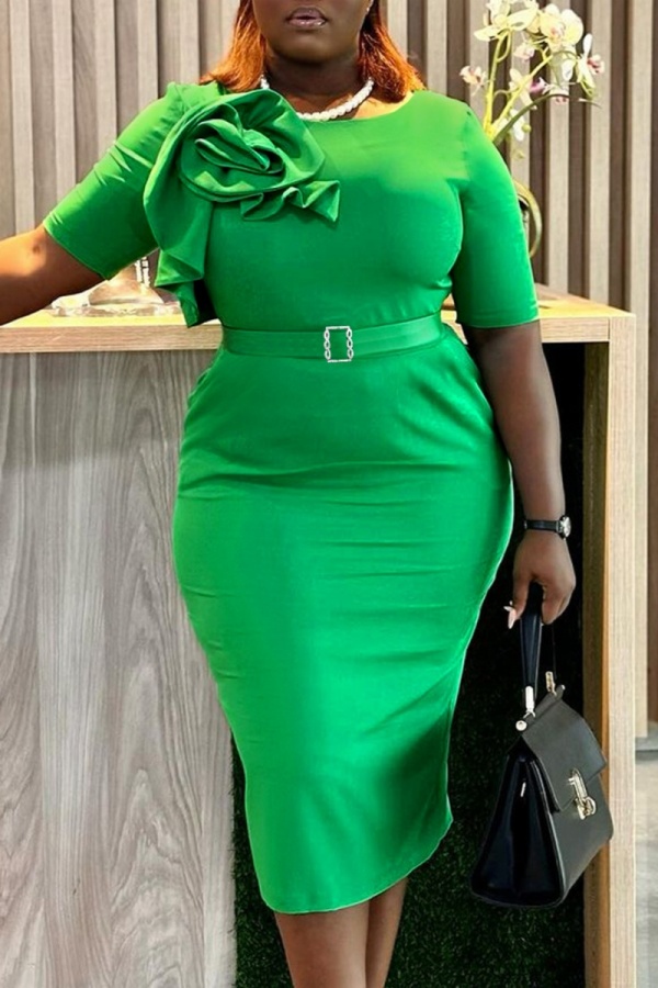 Green 3D Flower Short Sleeve Knee-Length Ruffle Detail For Business Formal Wear Bodycon Midi Dress