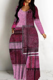 Purple Casual Street Faux Denim Print Long Sleeve Floor Length Loose Vacation Baggy Maxi Dress