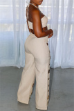 Sleeveless Metal Ring Trim Belted Halter Crop Tops And Hollow Out Wide Leg Pants Vacation Two Pieces Trouser Sets