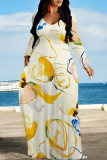 Beige Floral Print Crewneck Long Sleeve Plus Size Straight Loose Maxi Dresses