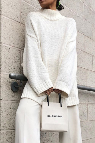 White Loose Casual Turtleneck Long Sleeve Fall Winter Knitted Sweater Blouses Tops
