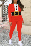 Red Christmas Santa Claus Wapiti Print Round Neck Long Sleeve Sweatshirt and Pencil Sweatpants Fall Winter Two Pieces Sweatsuits Sets