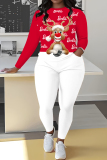 Red Christmas Santa Claus Wapiti Print Round Neck Long Sleeve Sweatshirt and Pencil Sweatpants Fall Winter Two Pieces Sweatsuits Sets