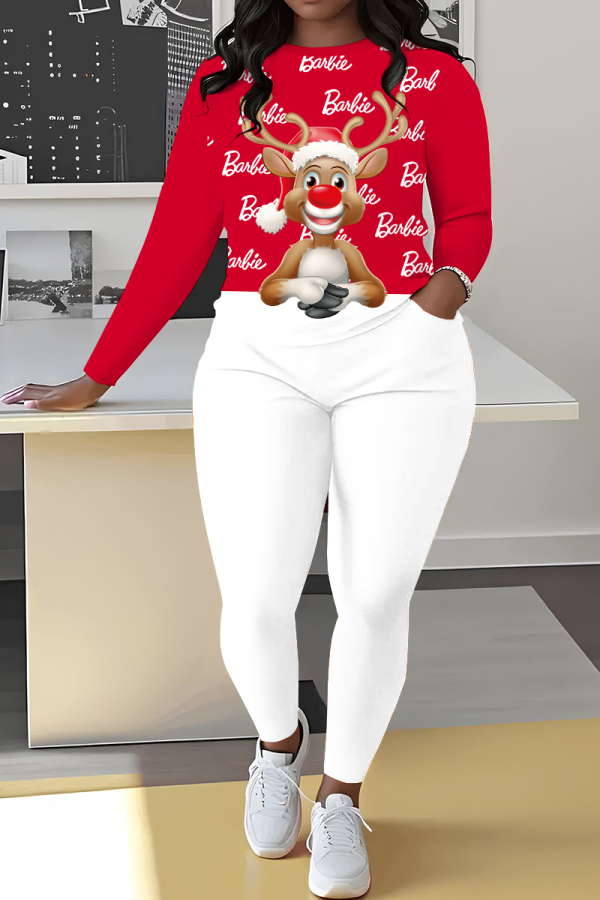 Red Christmas Santa Claus Wapiti Print Round Neck Long Sleeve Sweatshirt and Pencil Sweatpants Fall Winter Two Pieces Sweatsuits Sets