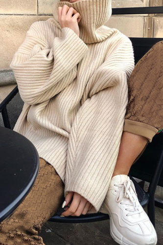 Khaki Casual Loose Slit Turtleneck Long Sleeve Fall Winter Knitted Sweater Tops