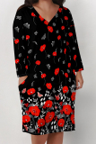 Light Blue Floral Print Deep V Neck Long Sleeve Women's Casual Outing Straight Loose Fit Tunic Midi Dress with Pocket