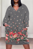 Light Blue Floral Print Deep V Neck Long Sleeve Women's Casual Outing Straight Loose Fit Tunic Midi Dress with Pocket