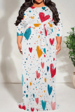 White Casual Playful Heart Print Strap Design O Neck Long Loose Fit Flowy Plus Size Summer Dress For Vacation Beach