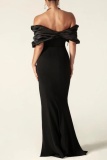 Black Off Shoulder Ruffled Layered Drap Sleeve Backless Slit Long Thigh-High Slit Floor-Length Formal Party Evening Bodycon Dress